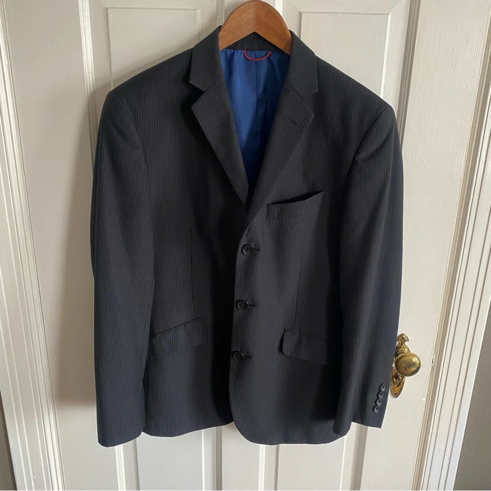 Men’s Tailored Gray Pinstripe Blazer Sport Coat Blue Lining 3 Button XS/S - Picture 2 of 13